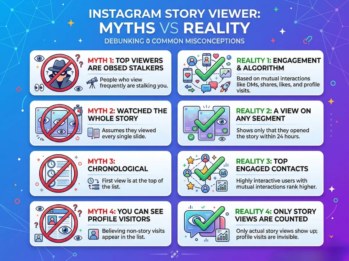 Instagram story viewer myths vs reality infographic with 8 common misconceptions debunked